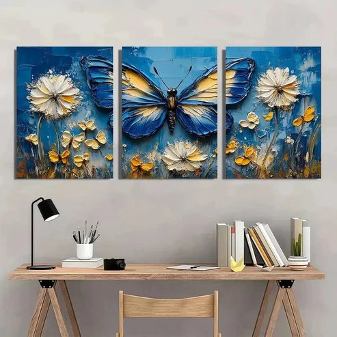 3pcs Blue Butterflies & Dandelion Flowers Wall Art Canvas Unframed - High Quality Print 100% Australian Made Wall Canvas - Bella Home Decor