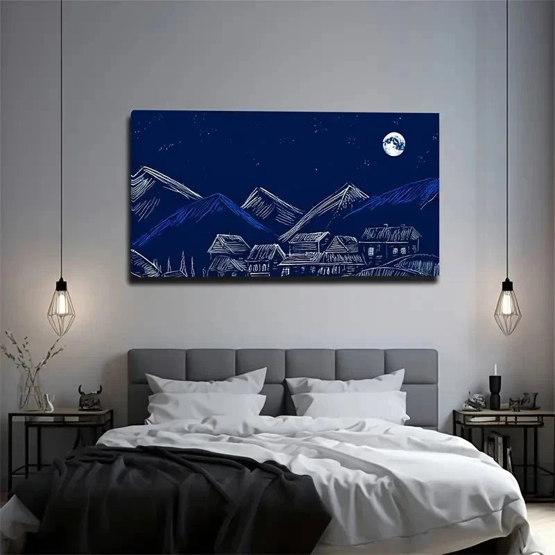 Striking Moonlit Village Wall Art Canvas Office Home Room Framed 120x60cm