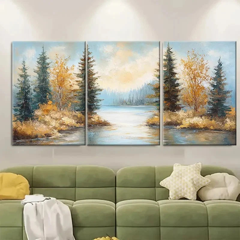 3pcs Carter Lake Pine Trees Impasto Perfect Wall Art Set Canvas Framed 60x90cm - High Quality Print 100% Australian Made Wall Canvas Ready to Hang - Bella Home Decor