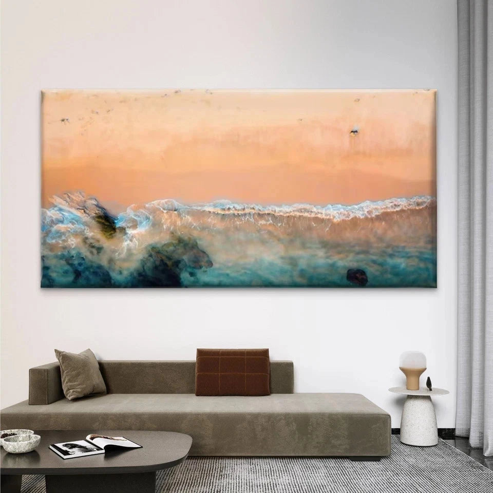 Turquoise & Golden Coastal Wall Art Canvas Office Home Room Framed 120x60cm