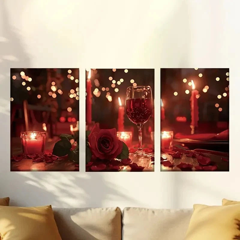 3pcs Valentine'S Day Dinner Scene with Red Rose Wall Art Set Canvas Framed 60x90cm - High Quality Print 100% Australian Made Wall Canvas Ready to Hang