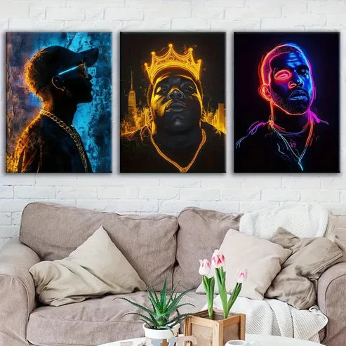 3pcs Neon Styled Rappers Painting Decoration Wall Art Set Canvas Unframed - High Quality Print 100% Australian Made Wall Canvas
