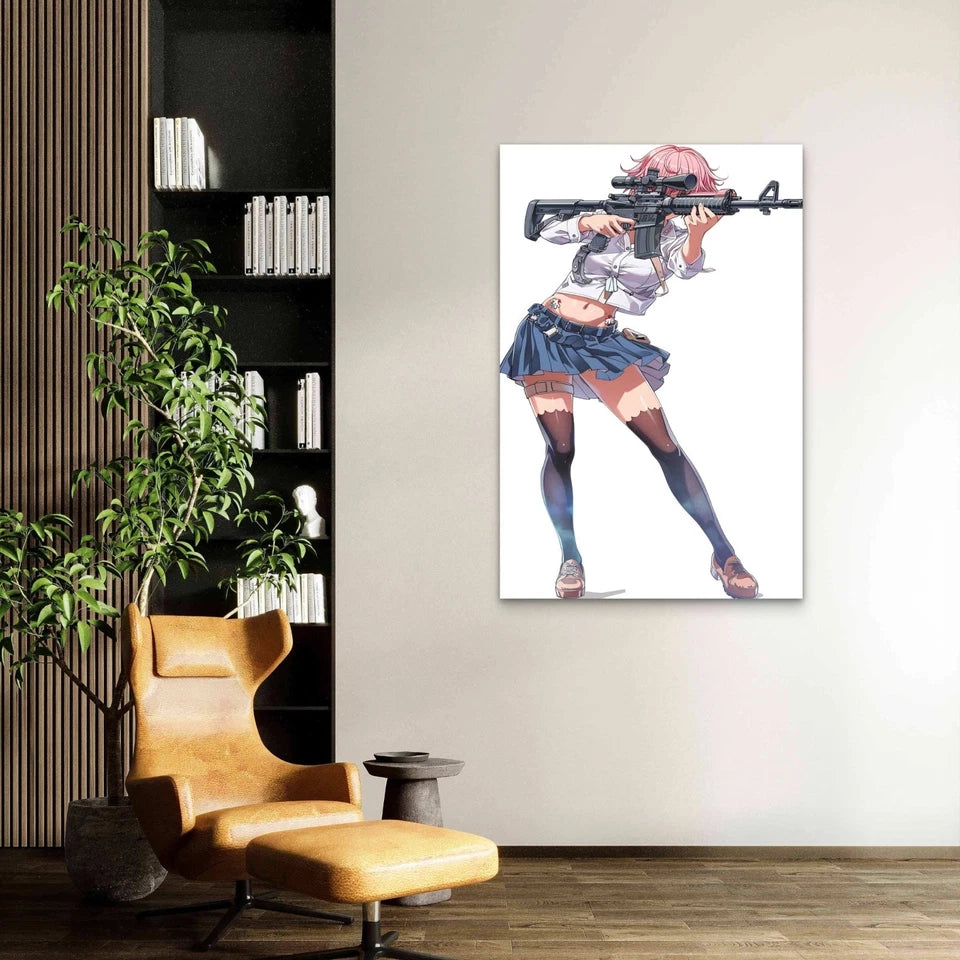 Anime Girl Aiming With A Gun 40x60cm Metal Print Ready to Hang