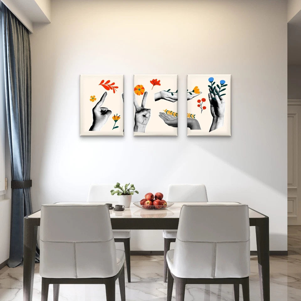 3pcs Vintage Retro Hand Collage Wall Art Set Canvas Framed 50x70cm - High Quality Print 100% Australian Made Wall Canvas Ready to Hang