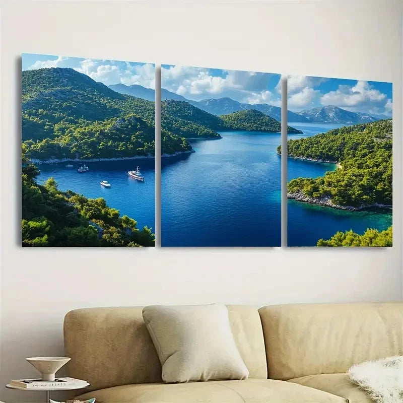3pcs Blue Waters & Lush Greenery Wall Art Set Canvas Framed 60x90cm - High Quality Print 100% Australian Made Wall Canvas Ready to Hang - Bella Home Decor