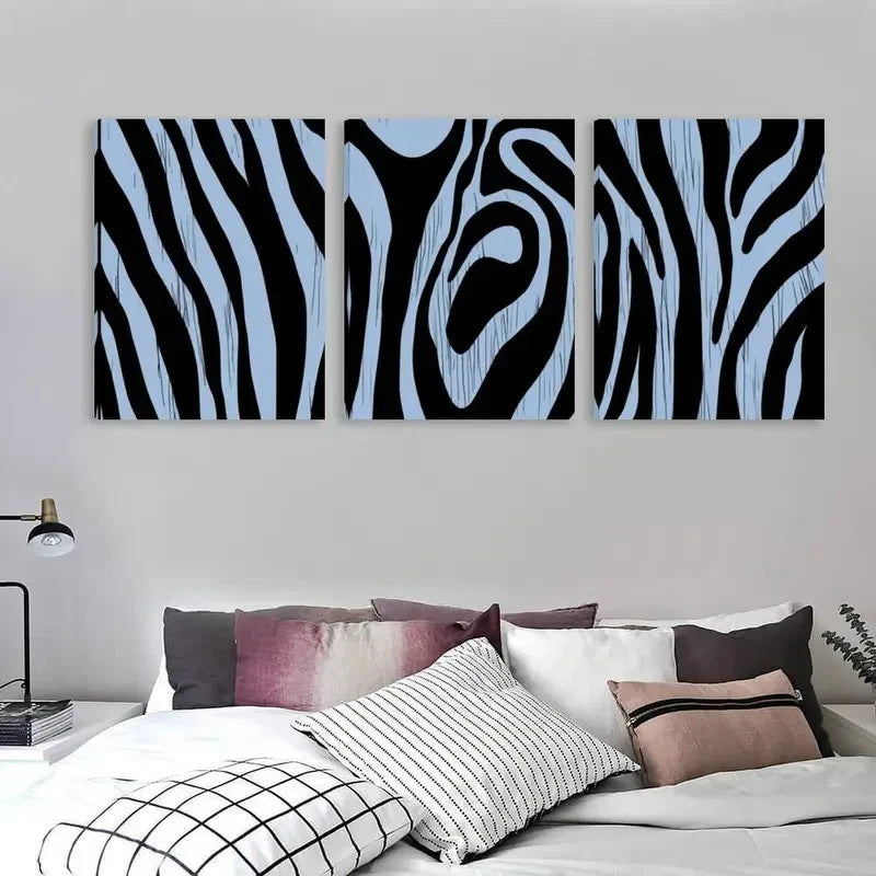 3pcs Black & White Abstract Zebra Stripe Wall Art Set Canvas Framed 50x70cm - High Quality Print 100% Australian Made Wall Canvas Ready to Hang - Bella Home Decor