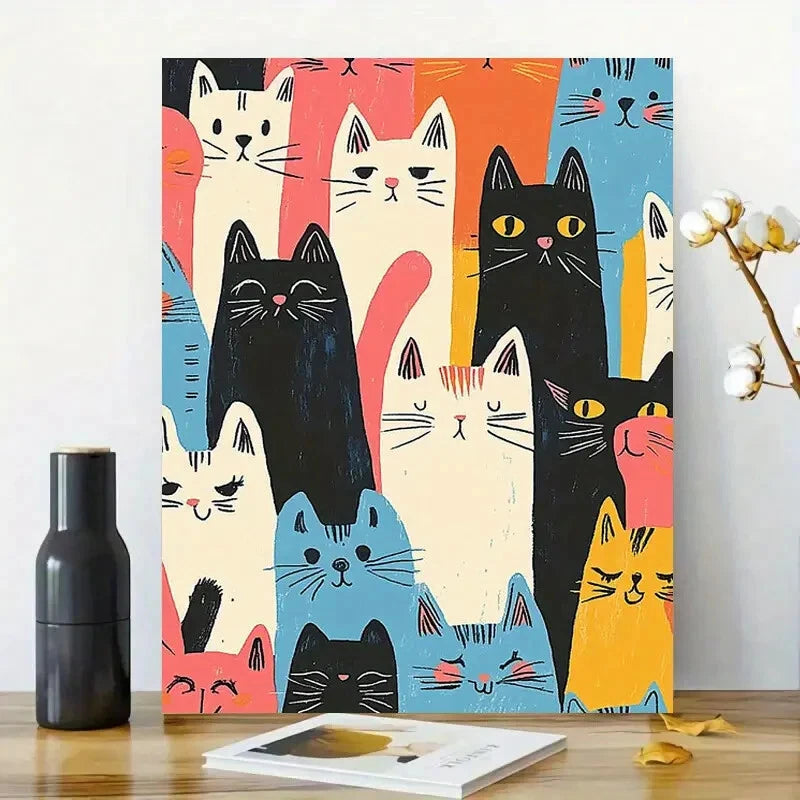 Colorful, Cute Cat Pattern In A Retro Style 40x60cm Metal Print Ready to Hang