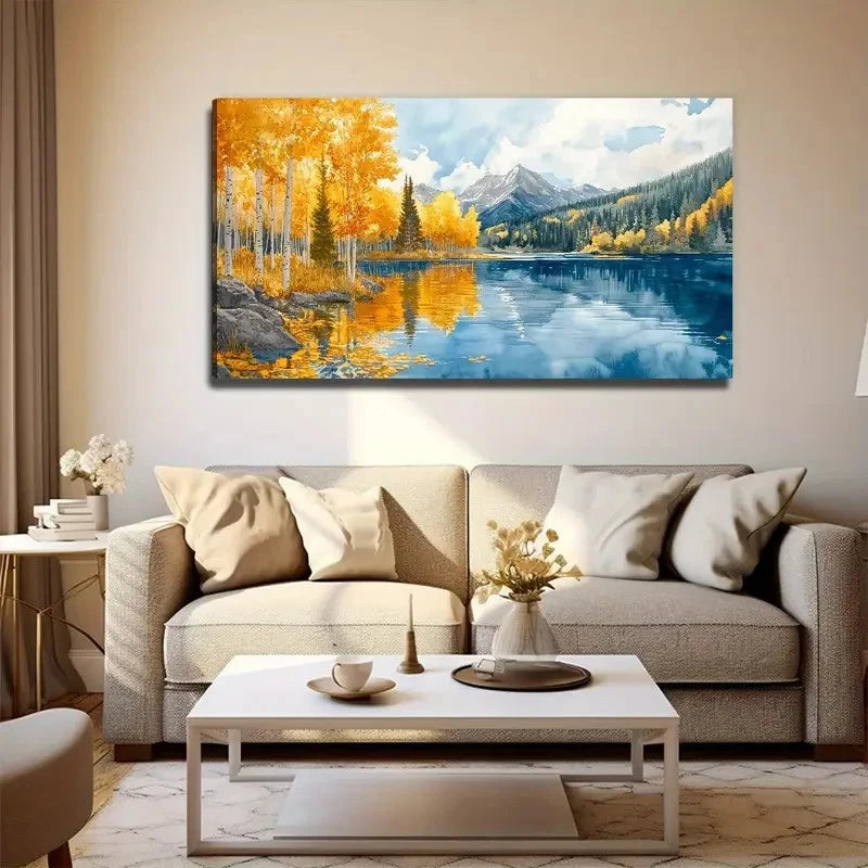 Golden Birch Trees Lake Wall Art Canvas Office Home Room Framed 120x60cm