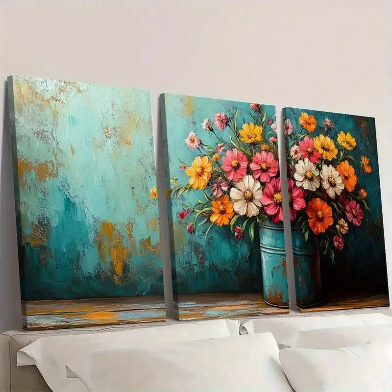 3pcs Vibrant Bouquet Vintage Flowers Wall Art Set Canvas Framed 60x90cm - High Quality Print 100% Australian Made Wall Canvas Ready to Hang