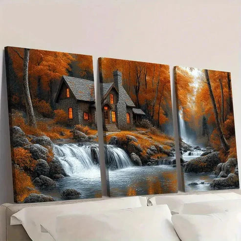 3pcs Cozy Cottage Stream with Waterfall Wall Art Set Canvas Unframed - High Quality Print 100% Australian Made Wall Canvas - Bella Home Decor