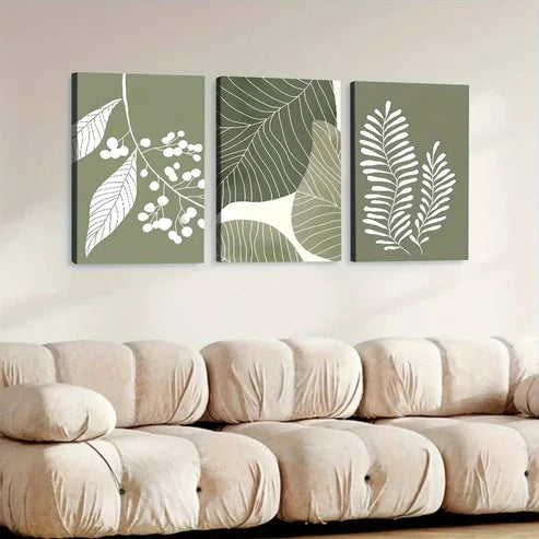 3pcs Bohemian Style Sage Green Plant Leaves Wall Art Set Canvas Unframed - High Quality Print 100% Australian Made Wall Canvas - Bella Home Decor