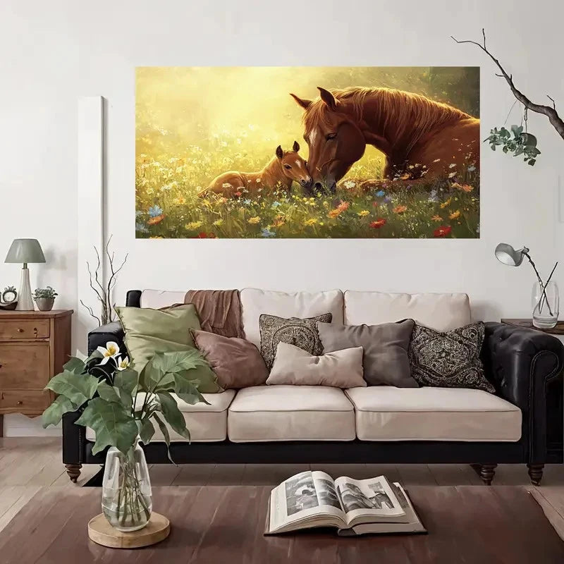 Horse Family Wildflower Field Wall Art Canvas Office Home Room Framed 120x60cm