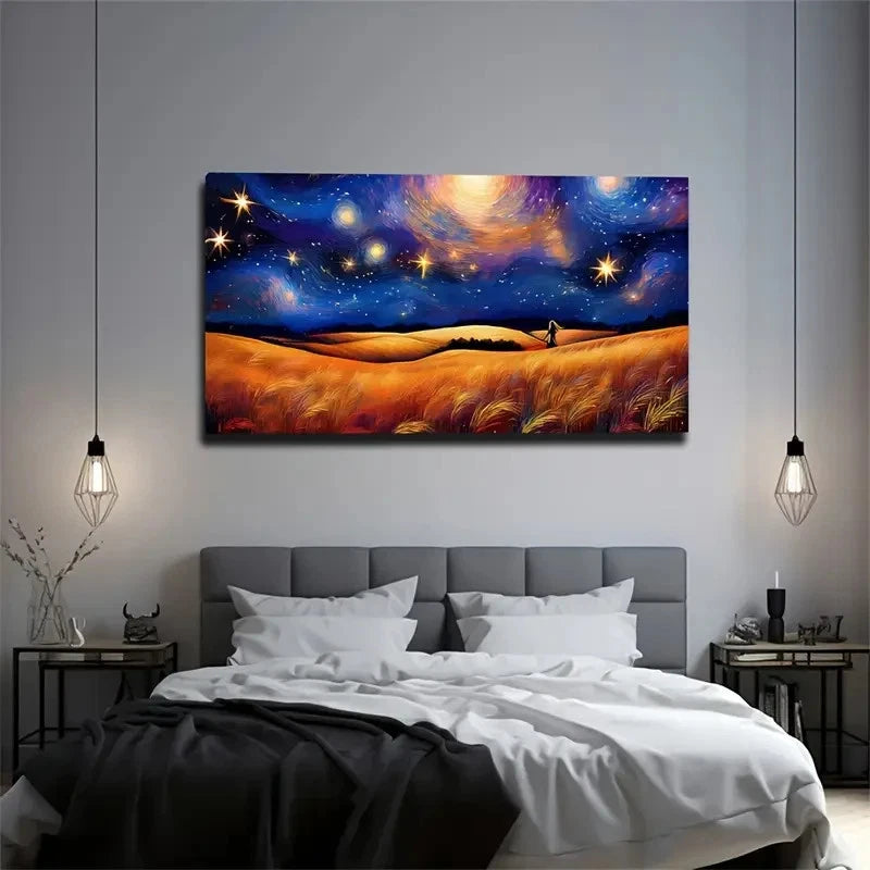 Starry Night Sky & Yellow Wall Art Canvas Office Home Room Framed 120x60cm