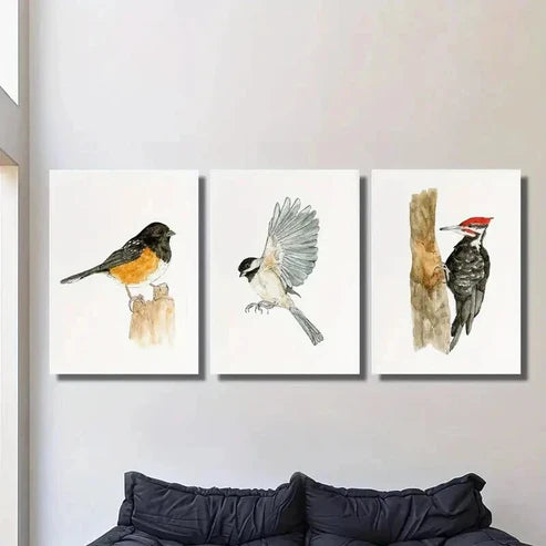 3pcs Thrush Carolina Chickadee Woodpecker Wall Art Canvas Unframed - High Quality Print 100% Australian Made Wall Canvas