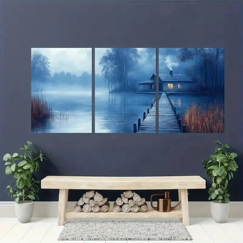 3pcs Misty Country House Near a Lake Wall Art Set Canvas Framed 40x60cm - High Quality Print 100% Australian Made Wall Canvas Ready to Hang - Bella Home Decor