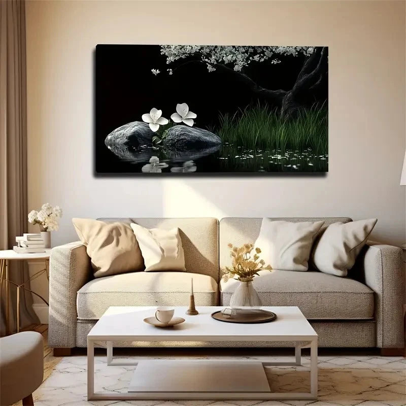 Two White Flowers Under Blossom Wall Art Canvas Office Home Room Framed 120x60cm