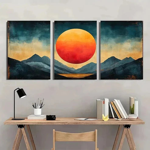 3pcs Geometric Sun Abstract Illustration Wall Art Set Canvas Unframed - High Quality Print 100% Australian Made Wall Canvas - Bella Home Decor