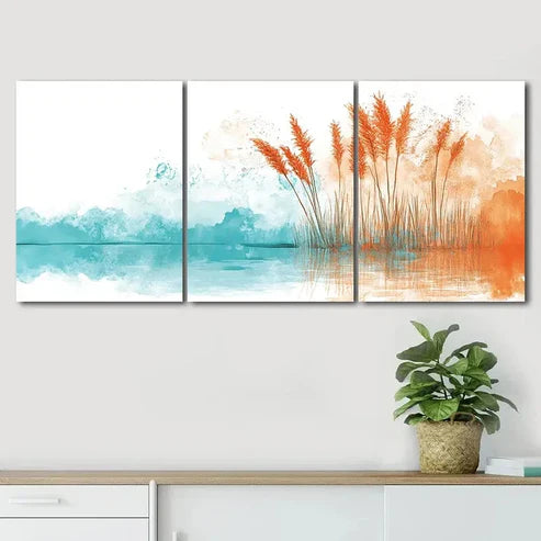 3pcs Red Grass & Serene Lake Scene Perfect Wall Art Canvas Unframed - High Quality Print 100% Australian Made Wall Canvas