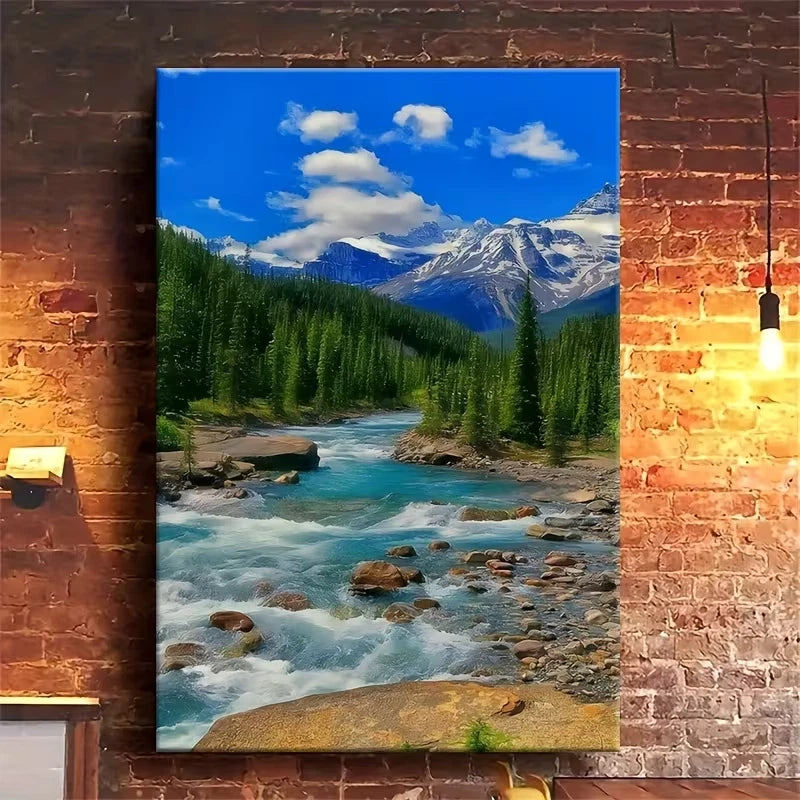 Mountain Stream Landscape & Blue Sky 60x90cm Metal Print Ready to Hang