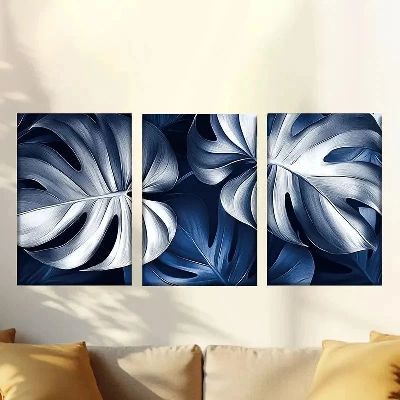 3pcs Abstract blue and white plant leaves Wall Art Set Canvas Framed 50x70cm - High Quality Print 100% Australian Made Wall Canvas Ready to Hang - Bella Home Decor