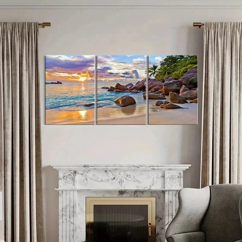 3pcs Beach Landscape with Palm Trees & Rocks Wall Art Set Canvas Framed 60x90cm - High Quality Print 100% Australian Made Wall Canvas Ready to Hang - Bella Home Decor