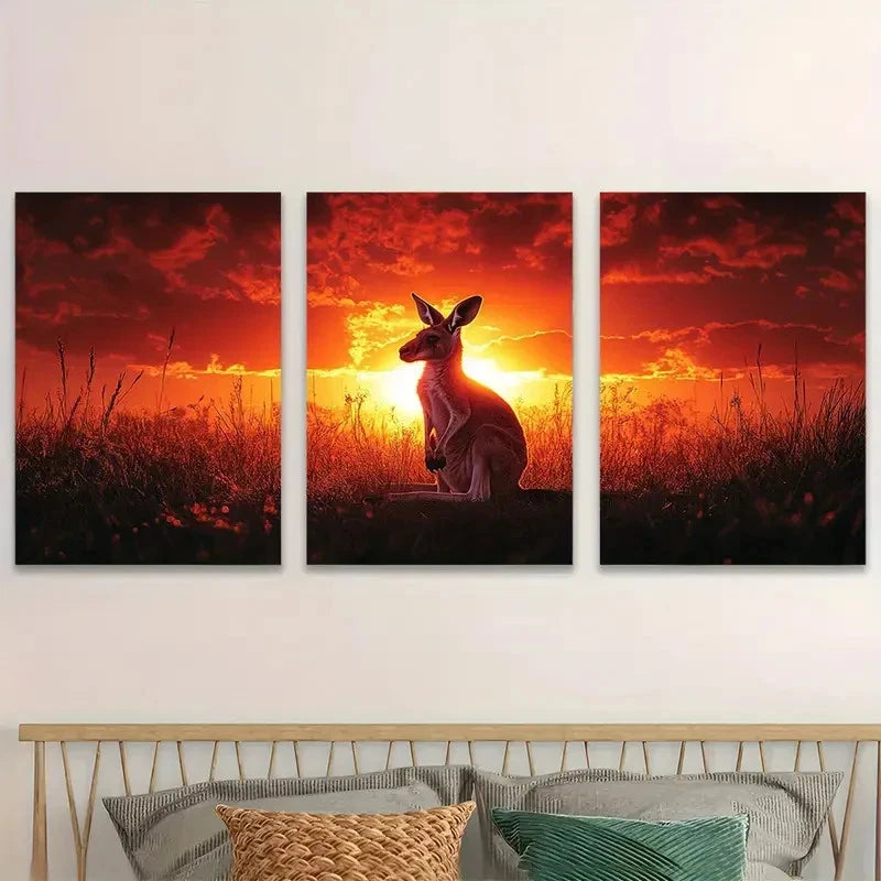 3pcs Kangaroo Silhouette Sunset Australian Wall Art Set Canvas Framed 50x70cm - High Quality Print 100% Australian Made Wall Canvas Ready to Hang