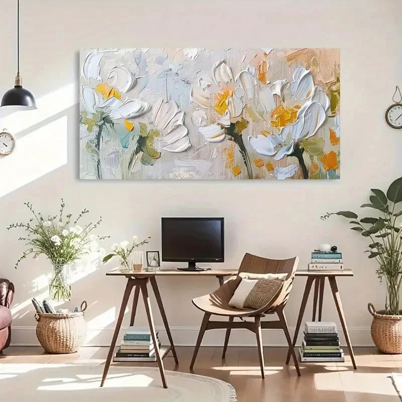 White Blooming Flowers Décor Wall Art Canvas Office Home Room Framed 120x60cm - Bella Home Decor
