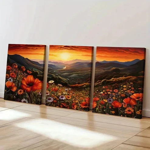 3pcs Vibrant Sunset Mountain Flower & River Wall Art Set Canvas Unframed - High Quality Print 100% Australian Made Wall Canvas