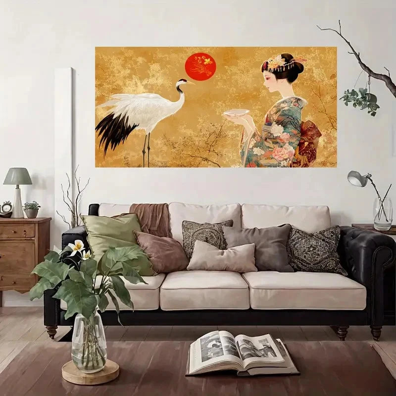 Japanese Crane & Woman Wall Art Canvas Office Home Room Framed 120x60cm