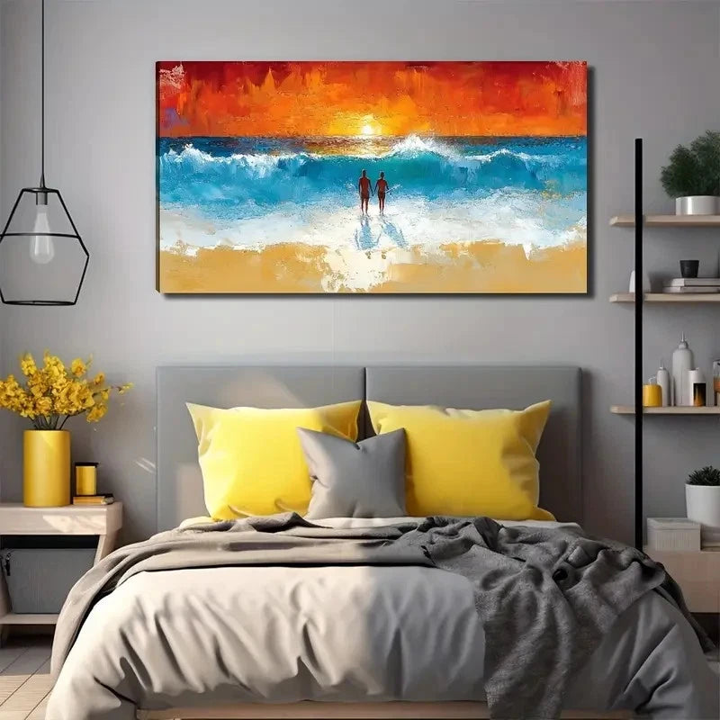 Wave Beach Sunrise Suitable Wall Art Canvas Office Home Room Framed 120x60cm