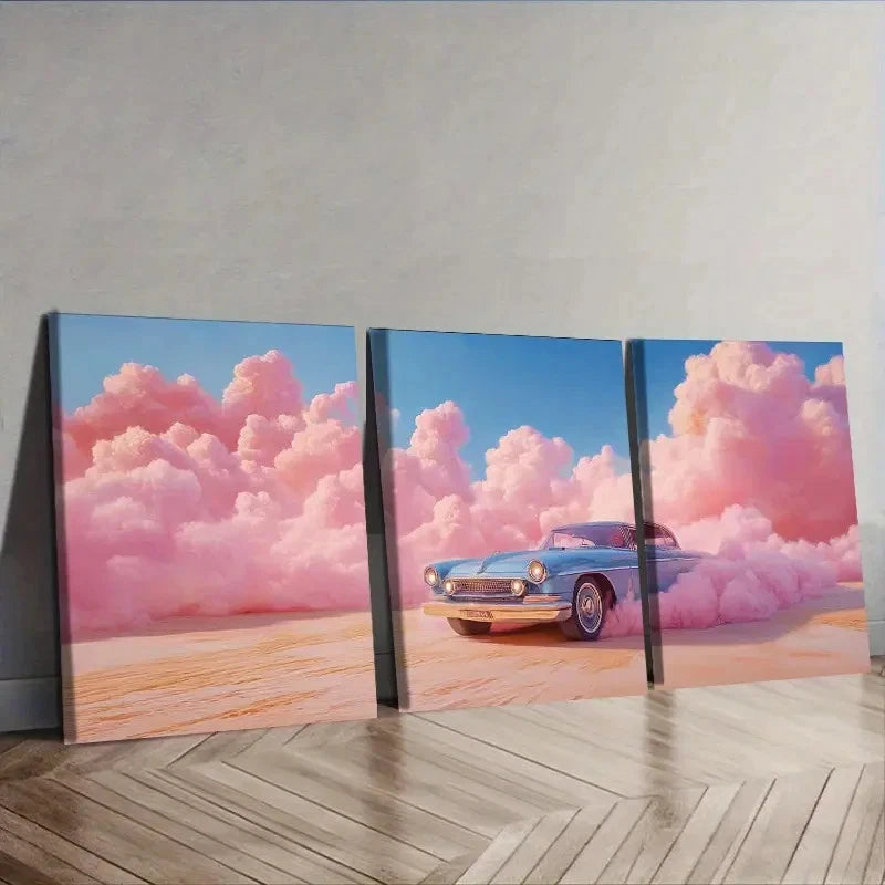 3pcs The car was driving in the pink desert Wall Art Set Canvas Framed 60x90cm - High Quality Print 100% Australian Made Wall Canvas Ready to Hang