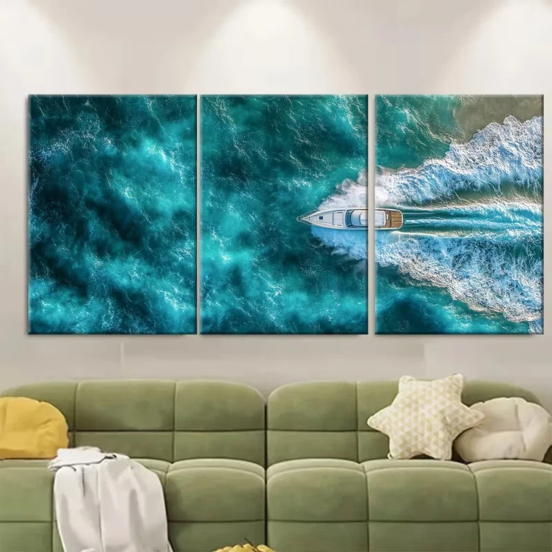 3pcs Stunning Aerial Seascape Boat on Sea Waves Metal Print Ready to Hang Art