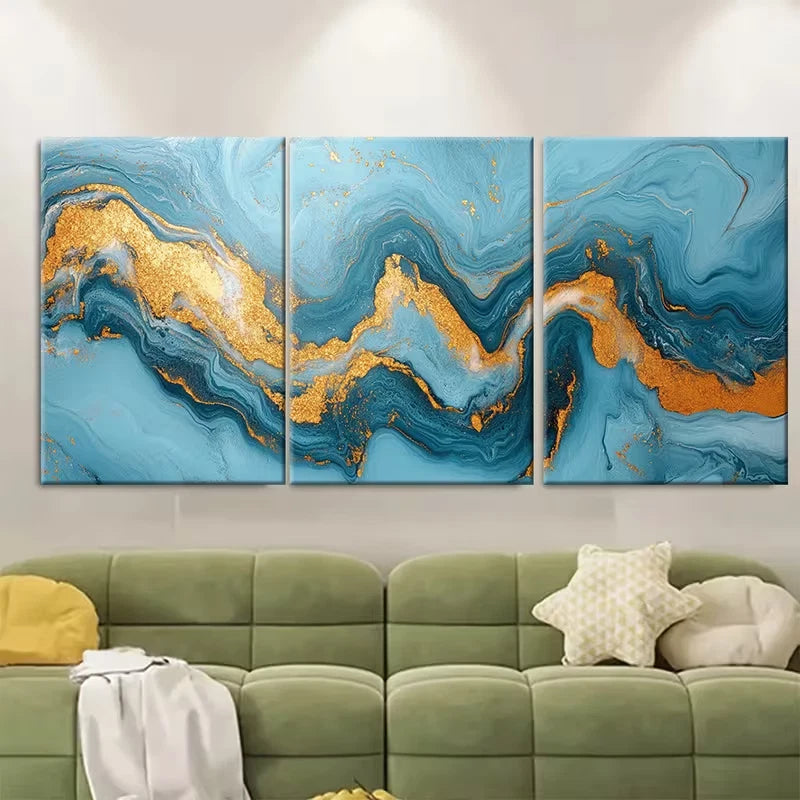 3pcs Golden Accents Abstract Light Blue Marbled Metal Print Ready to Hang Art