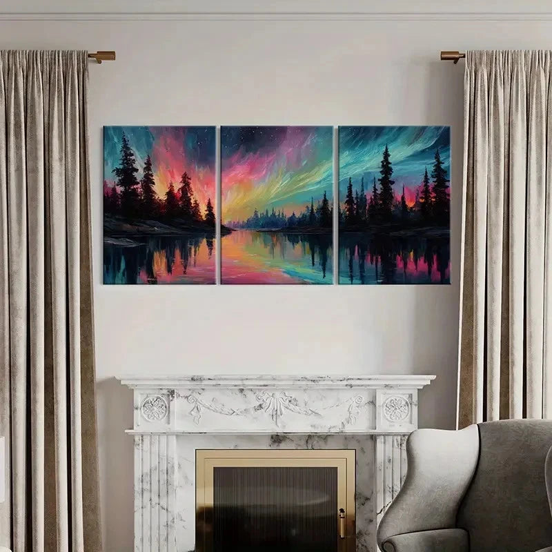 3pcs Abstract Northern Lights Forest Reflection Wall Art Set Canvas Framed 50x70cm - High Quality Print 100% Australian Made Wall Canvas Ready to Hang - Bella Home Decor