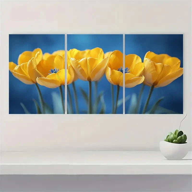 3pcs Yellow Tulip Blue and Yellow yu Wall Art Set Canvas Framed 60x90cm - High Quality Print 100% Australian Made Wall Canvas Ready to Hang - Bella Home Decor