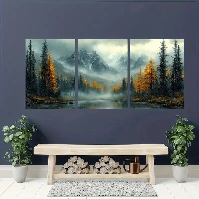 3pcs Foggy Mountain Forest Landscape Wall Art Set Canvas Framed 40x60cm - High Quality Print 100% Australian Made Wall Canvas Ready to Hang