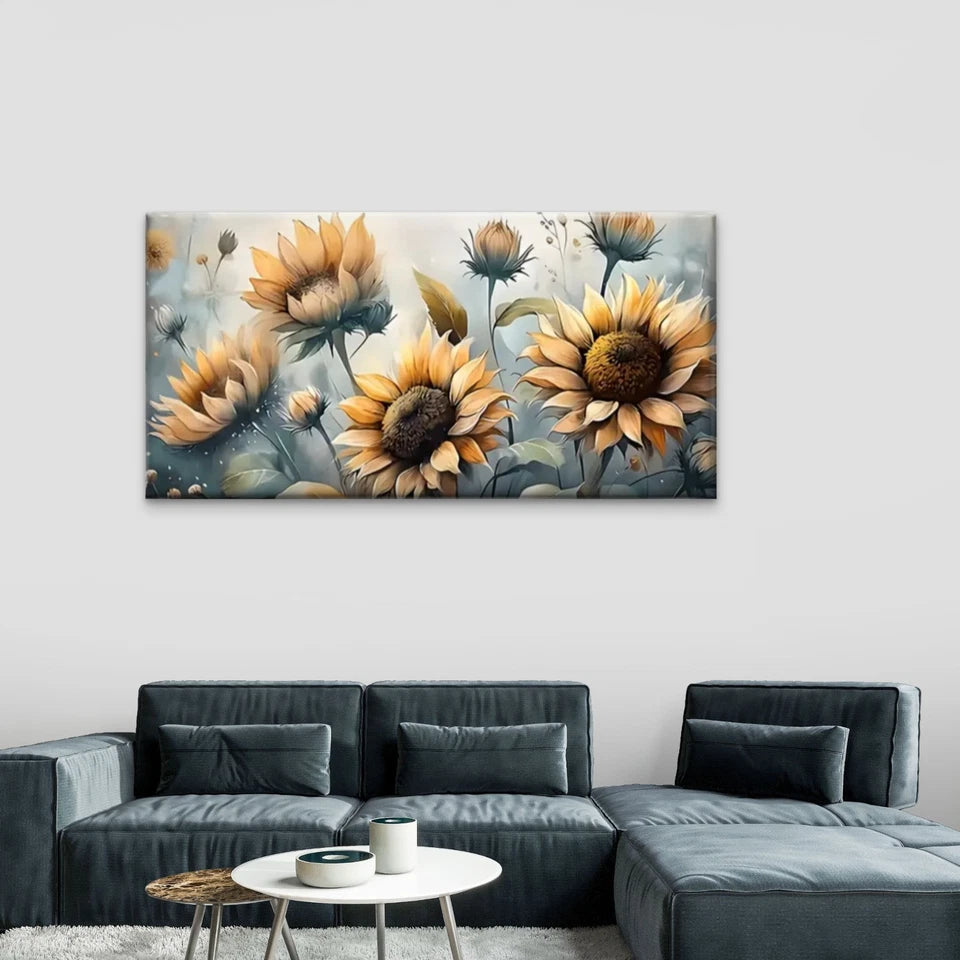 Sunflowers On A Blue Back Wall Art Canvas Office Home Room Framed 120x60cm