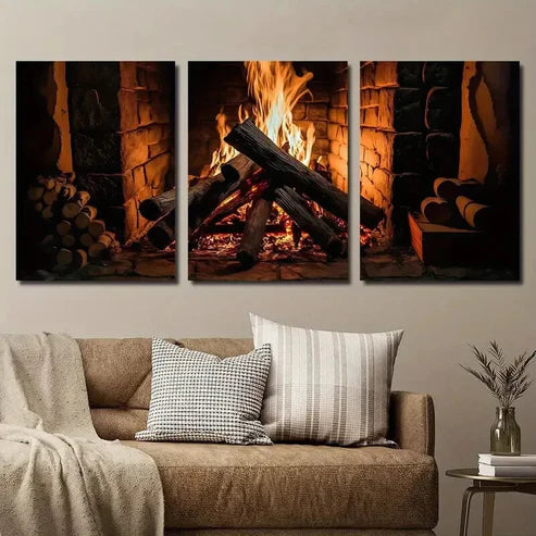 3pcs Wood Burning in Country Cottage Fireplace Wall Art Set Canvas Unframed - High Quality Print 100% Australian Made Wall Canvas