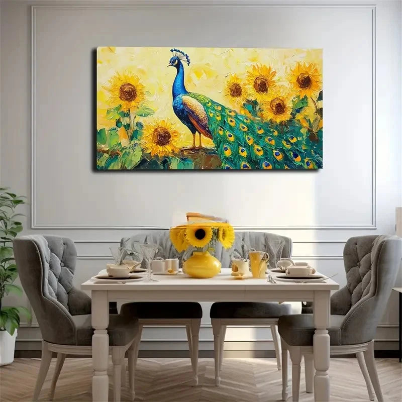 Peacock And Sunflowers Abstract Wall Art Canvas Office Home Room Framed 120x60cm