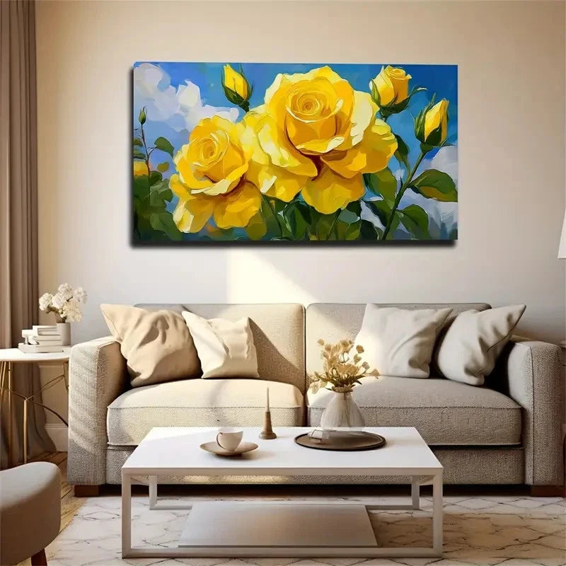 Vibrant Yellow Roses Wall Art Canvas Office Home Room Framed 120x60cm
