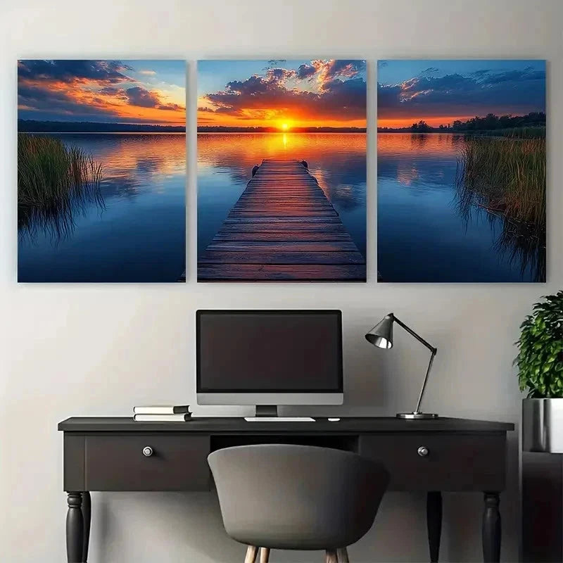 3pcs Serene Lakeside Jetty At Sunset Perfect Wall Art Set Canvas Framed 60x90cm - High Quality Print 100% Australian Made Wall Canvas Ready to Hang