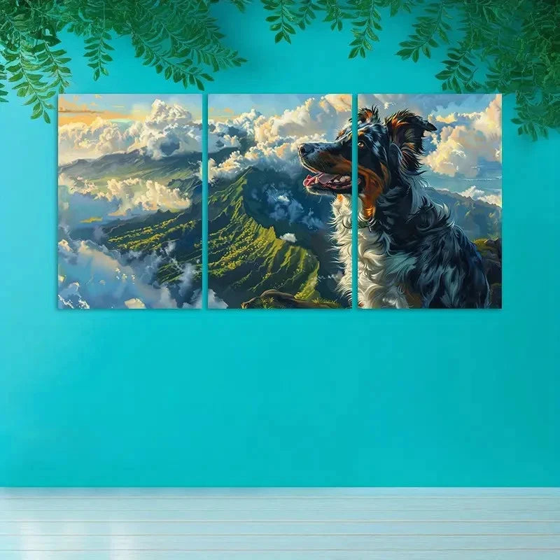 3pcs Australian Shepherd Mountain Scene Wall Art Set Canvas Framed 50x70cm - High Quality Print 100% Australian Made Wall Canvas Ready to Hang - Bella Home Decor