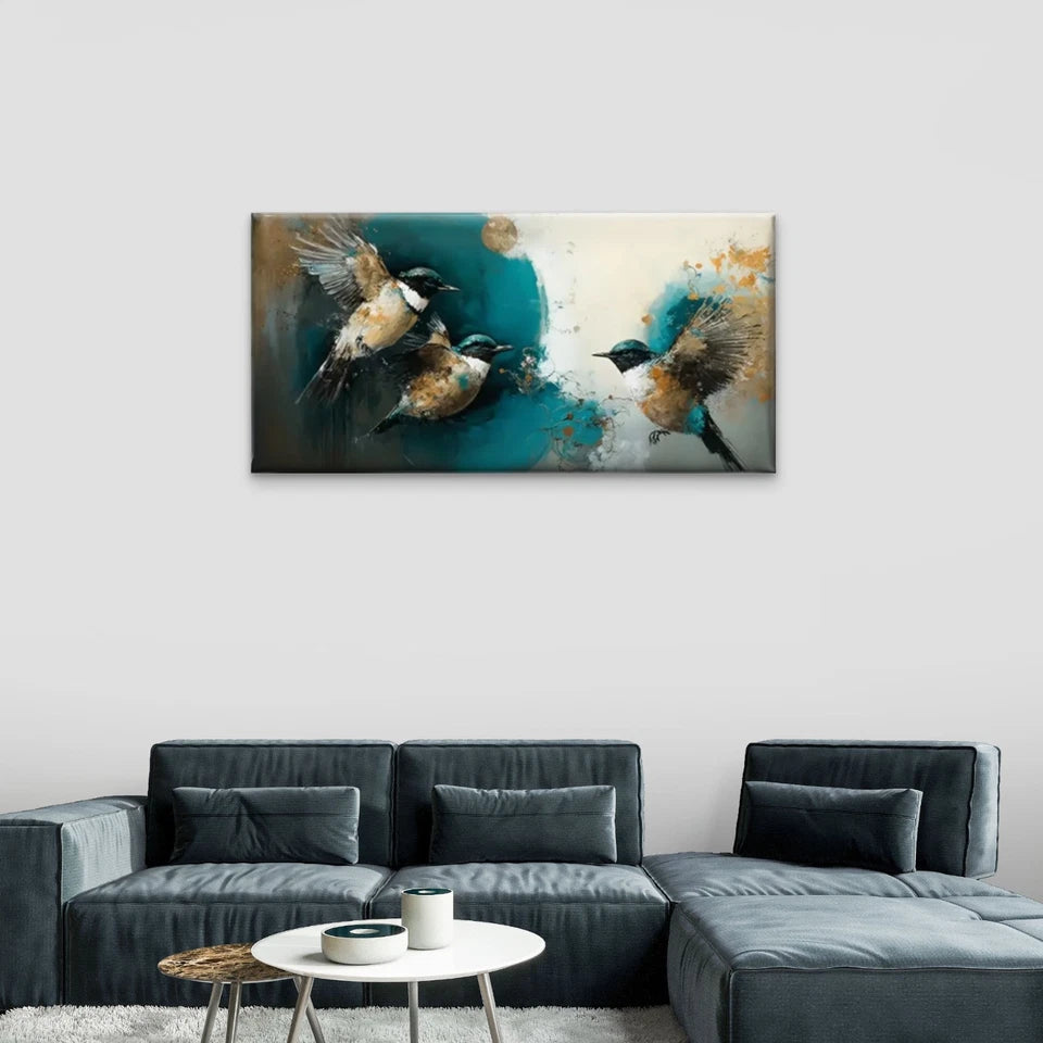 Birds Watercolour Abstarct Wall Art Canvas Office Home Room Framed 120x60cm