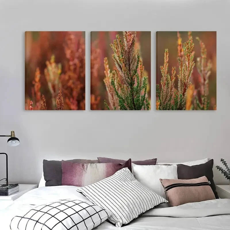 3pcs Red & Green Leafy Branches in Warm Brown Wall Art Set Canvas Framed 50x70cm - High Quality Print 100% Australian Made Wall Canvas Ready to Hang