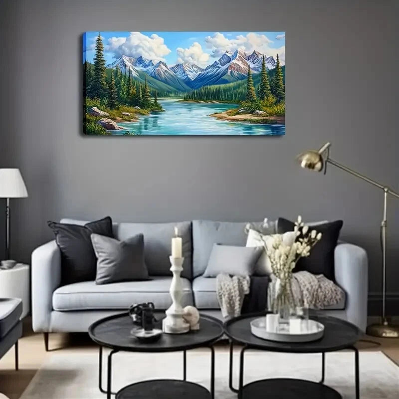 Serene River Landscape Snow Wall Art Canvas Office Home Room Framed 120x60cm - Bella Home Decor