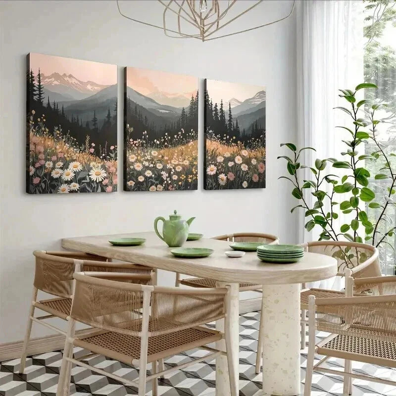 3pcs Wildflower Mountain Sunset Décor Perfect Wall Art Set Canvas Framed 50x70cm - High Quality Print 100% Australian Made Wall Canvas Ready to Hang - Bella Home Decor