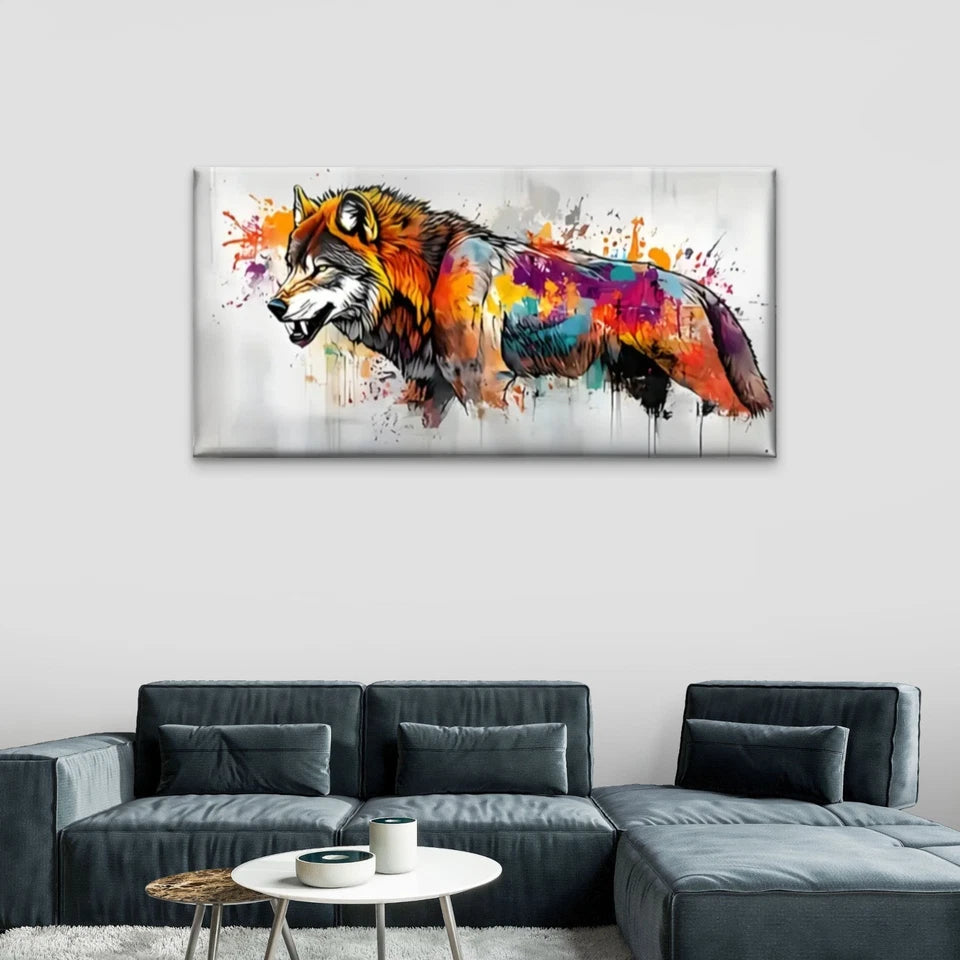 Vibrant Abstract Wolf Colorful Wall Art Canvas Office Home Room Framed 120x60cm