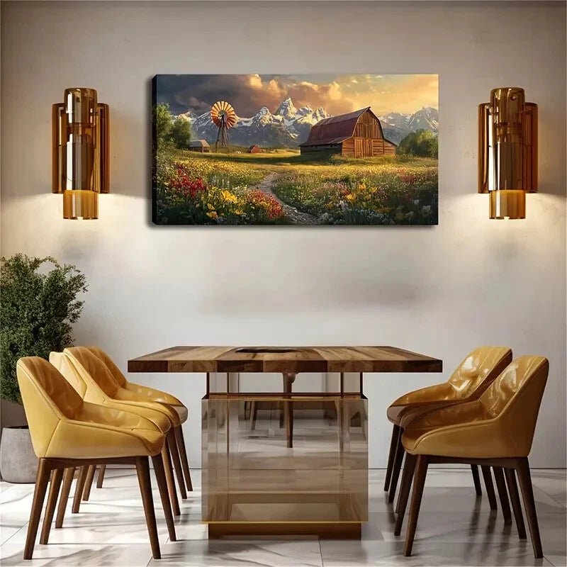 Windmill & Mountain Landscape Wall Art Canvas Office Home Room Framed 120x60cm - Bella Home Decor