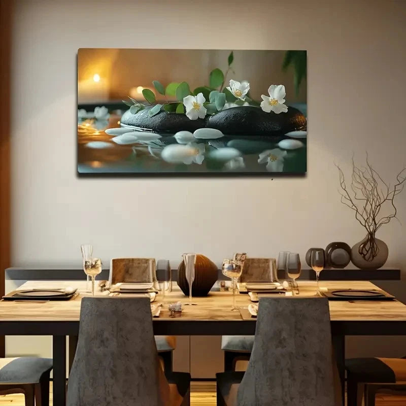Serene White Flowers Black S Wall Art Canvas Office Home Room Framed 120x60cm