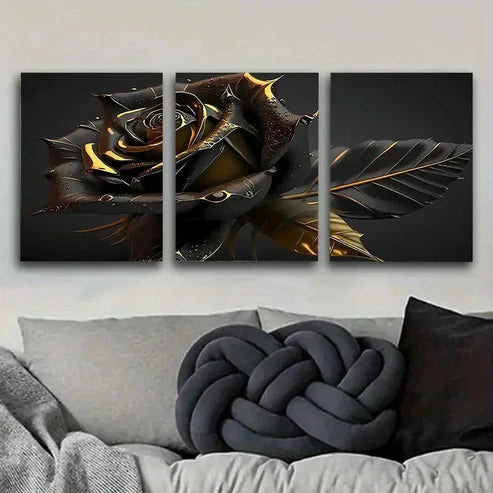 3pcs Black And Golden Gothic Rose Wall Art Canvas Unframed - High Quality Print 100% Australian Made Wall Canvas - Bella Home Decor